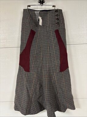 A-Line Houndstooth Midi Skirt with Burgundy Panel Accents